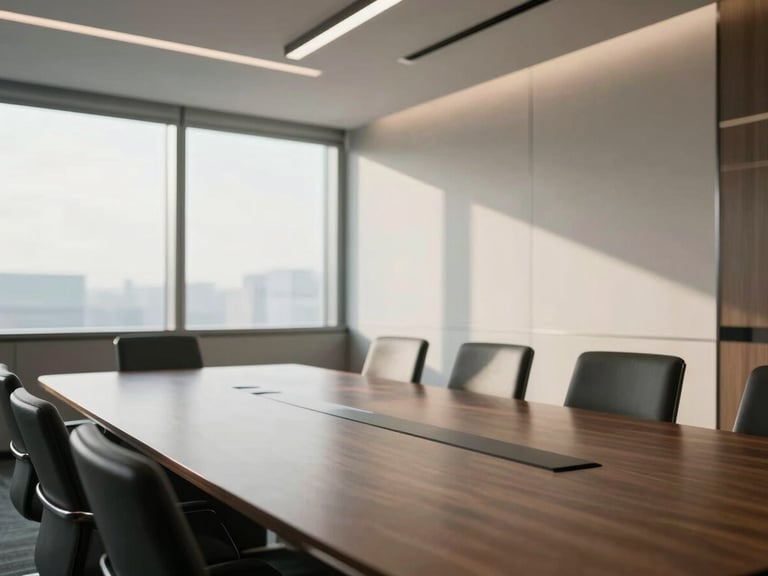 A modern, sunlit corporate boardroom with architectural details, clean lines, and soft shadows, establishing scale.