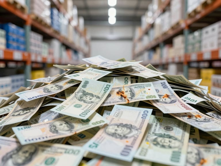 Ilustrasi tumpukan uang kertas rupiah yang terbakar, menunjukkan kerugian finansial, pencahayaan terang.