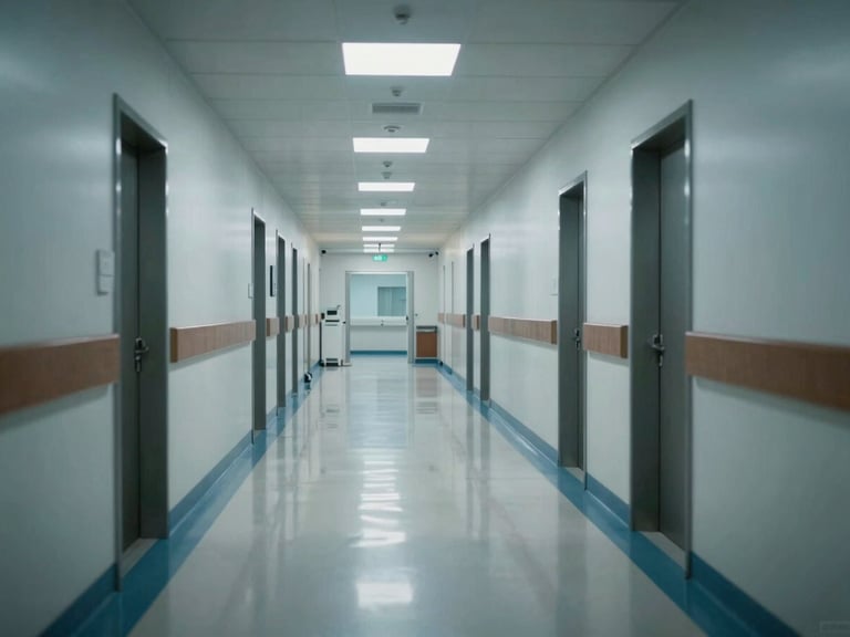 Pristine empty medical corridor with highly polished floors reflecting cool overhead lighting, clinical precision