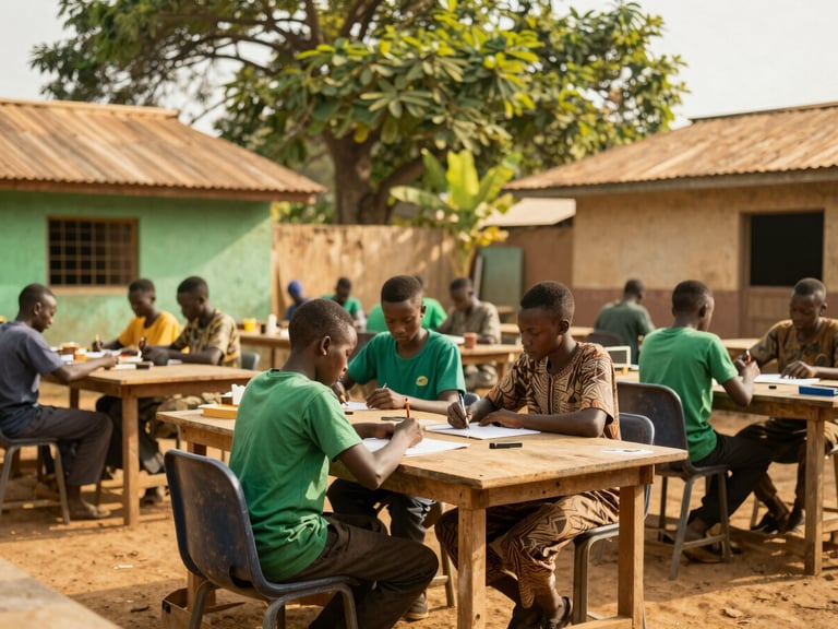 Panoramic wide shot of a modern, sunlit vocational workshop in Lagos, students actively collaborating at workbenches, warm documentary style
