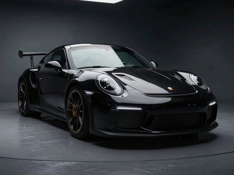 Dramatic 3/4 front angle of a black Porsche 911 GT3 RS, dramatic low-key automotive photography, moody studio lighting on polished metallic surfaces, deep shadows, high contrast, 50mm.