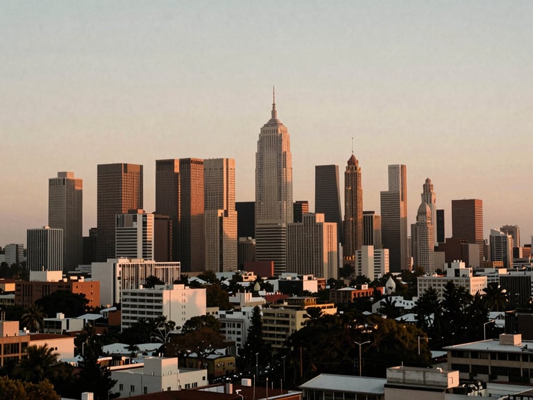 A panoramic view of a vibrant cityscape at dusk, financial district, soft ambient light, warm and inviting, high-rise buildings