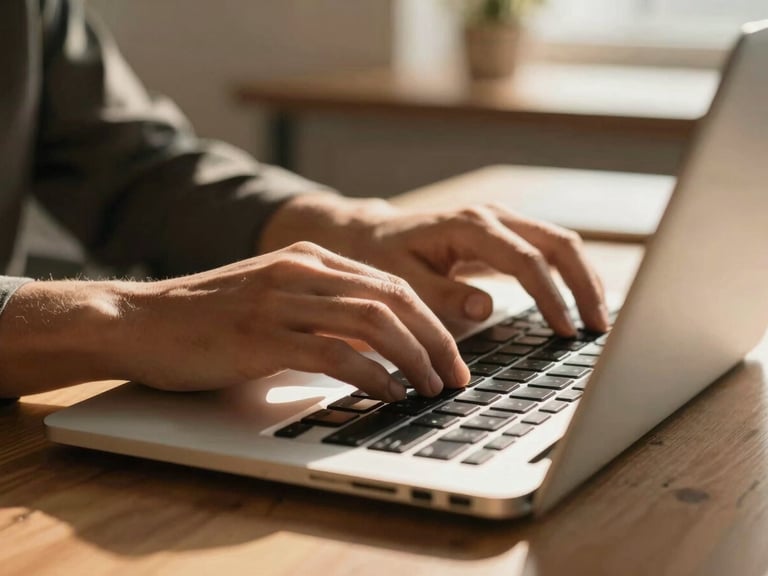 A close-up of hands working on a sleek laptop keyboard in a modern, well-lit office, soft shadows, warm tones, focus on focused work