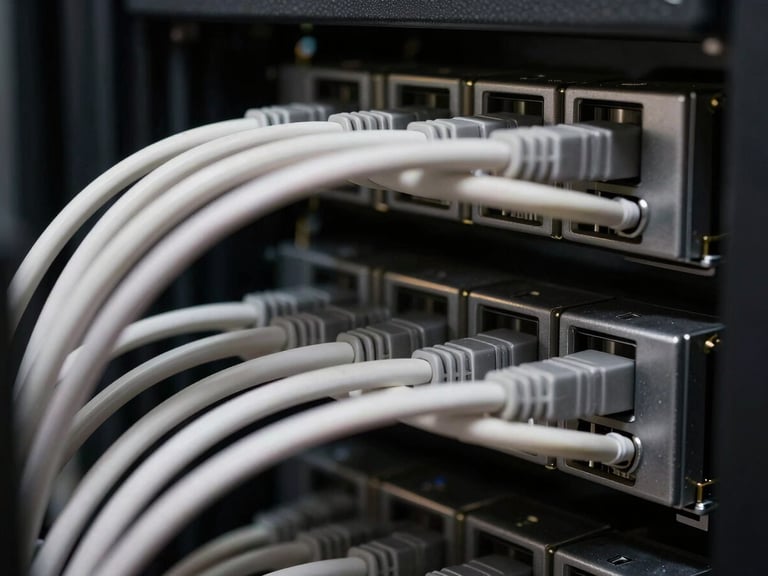 Extreme close-up of server rack cable management, tight geometric lines of bundled cables in charcoal and white, high-contrast studio strobe lighting emphasizing structural form and precise organization, no warm tones