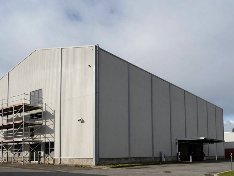 Wide environmental shot of a Pacific Northwest industrial building exterior at daylight, sharp architectural lines and concrete geometry, overcast diffused light creating strong contrast, structural scaffolding visible on one side, expansive negative space in the upper frame