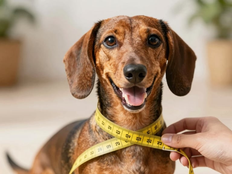 Close-up of a happy dachshund being gently measured with a soft yellow tape measure around its chest, warm natural daylight, soft focus background