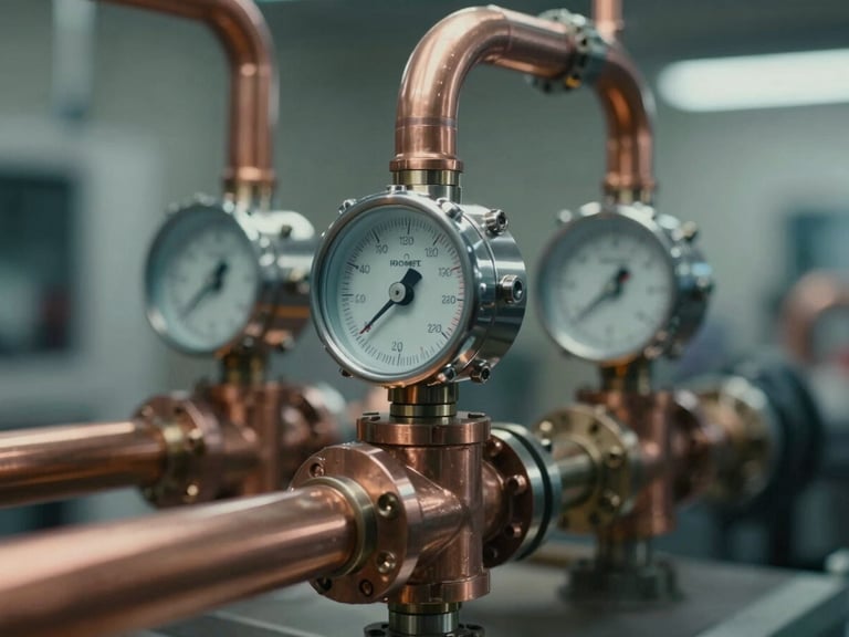 Macro close-up of complex manifold gauges connected to clean copper piping, precise technical environment, cool-toned industrial lighting.
