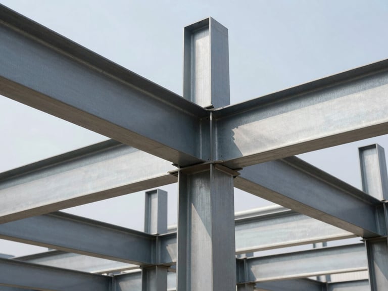 Industrial architectural photography of massive steel beams of a warehouse under construction, sharp daylight, high contrast metallic tones, crisp details