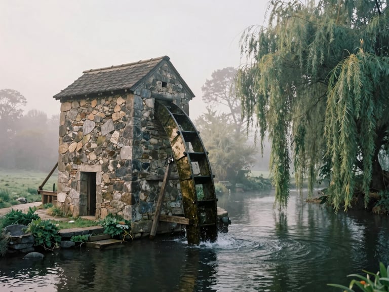 An ancient stone watermill beside a calm flowing river, weeping willows, morning mist, soft overcast daylight, cinematic depth of field