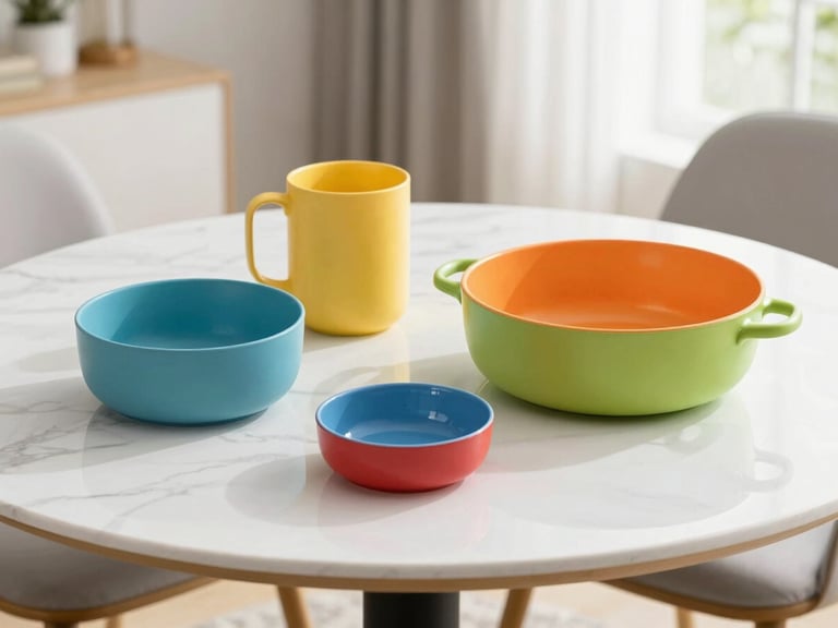 A modern lifestyle product setup on a bright marble table, natural daylight with soft studio fill, sharp focus