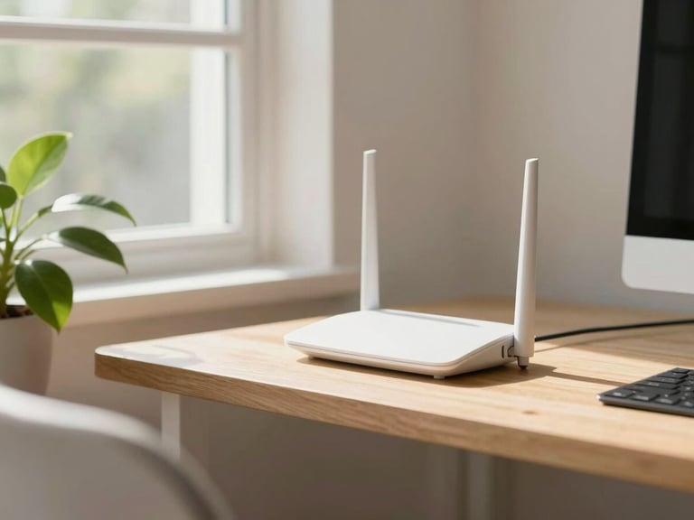 A bright, clean home workspace with natural daylight streaming through a window, a modern router neatly placed on a wooden shelf next to a green plant, shallow depth of field