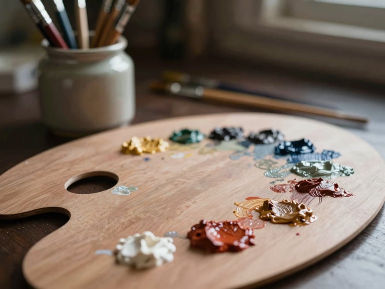 Soft natural side-light illuminating a wooden palette smeared with rich oil paint, brushes resting in a ceramic jar, dark background, shallow depth of field, 35mm