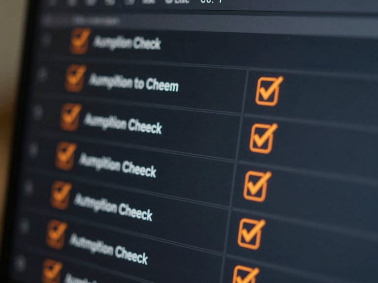 Macro close-up of a dark software dashboard showing automated compliance checks passing with safety-orange checkmarks, daylight-balanced clinical lighting.