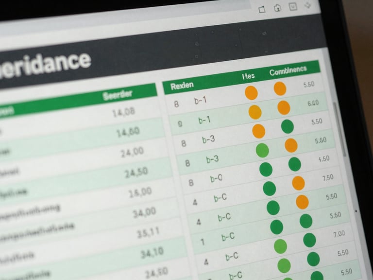 A crisp, high-contrast UI close-up of a compliance dashboard showing structured data tables, green and safety-orange status indicators, and mathematical precision.