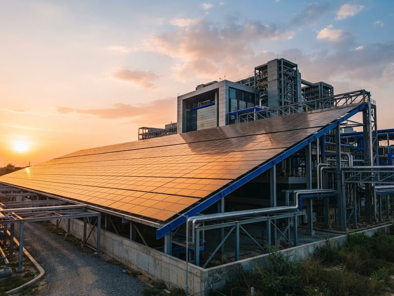 Low-angle heroic shot of a modern industrial facility in Ghaziabad with a massive, perfectly aligned monocrystalline solar array reflecting golden-hour sunlight, 35mm.