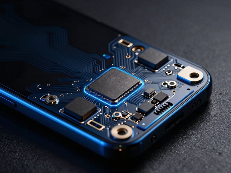 Macro studio shot of a smartphone internal circuit board, electric blue rim lighting, dark metallic textures, high contrast, 85mm lens