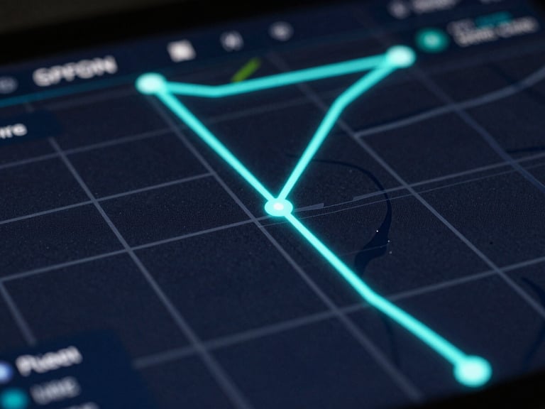 Macro shot of a dark-mode GPS tracking map interface, glowing electric cyan route vectors over a dark navy grid, digital telemetry UI overlays, ultra-sharp detail.