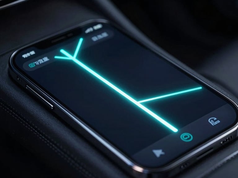 Macro shot of a dark-mode mobile driver app mounted on a vehicle dashboard, glowing electric cyan route lines, high-contrast neon reflections, ultra-sharp detail