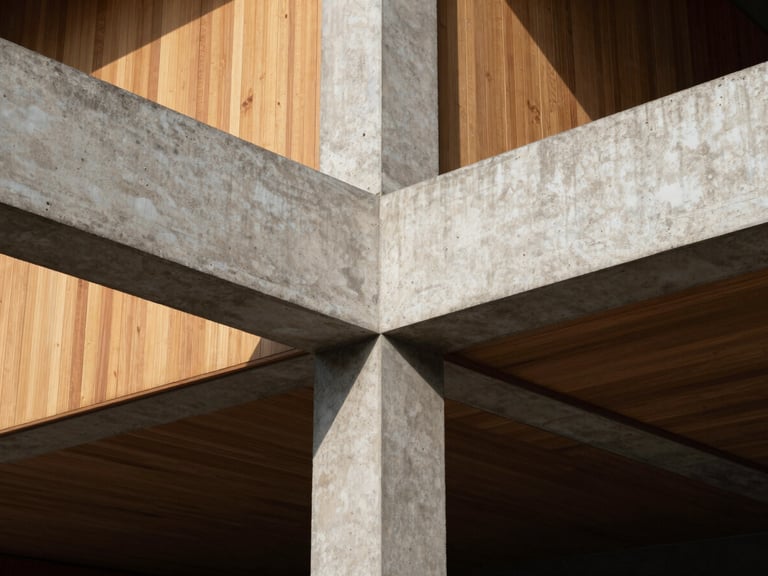 Straight-on architectural detail of a modernist concrete structural beam intersecting with warm timber paneling, natural light creating strong geometric shadows