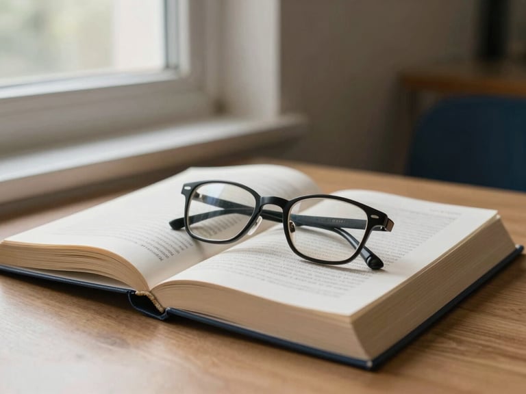An open reference book with a pair of reading glasses resting on the pages, soft side lighting from a window, quiet study room setting.