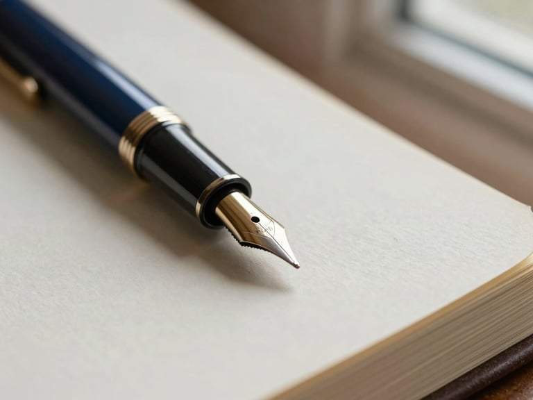 Close-up of a classic fountain pen nib resting on a heavy cream paper manuscript, soft morning light from a window, shallow depth of field, scholarly atmosphere