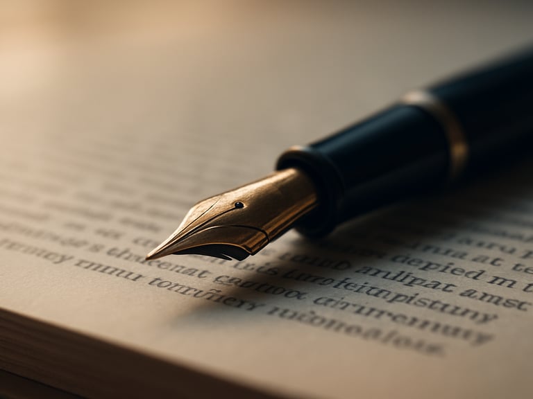 Macro photograph of a fountain pen nib resting on a printed page of an English academic journal, shallow depth of field, warm morning light.