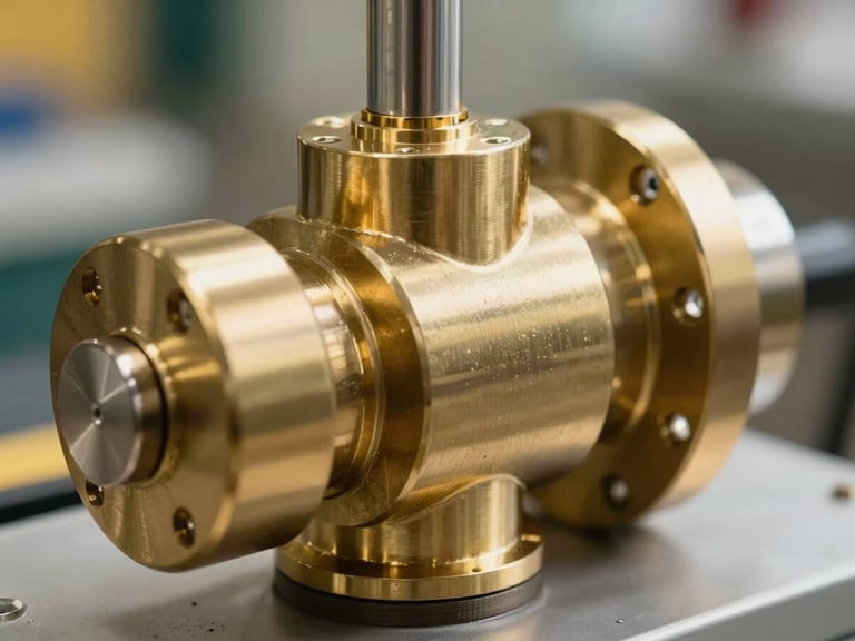 Macro shot of a heavy-duty brushed brass hydraulic gate actuator, clean architectural lines, sharp daylight highlighting metallic precision