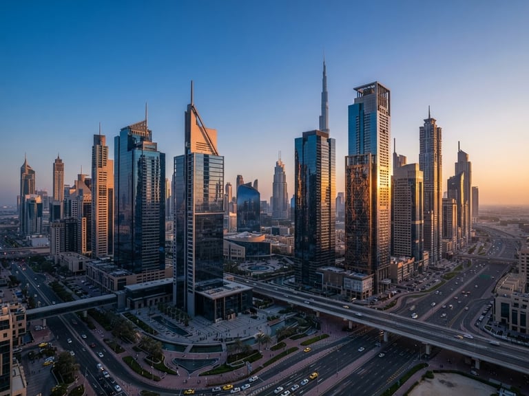 Wide-angle architectural view of Dubai Financial District skyscrapers at dawn, cool blue glass facades catching warm copper morning light, sharp focus, editorial corporate photography