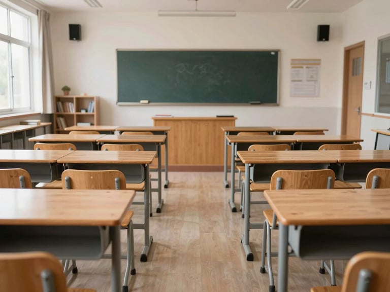 Symmetrical shot of a newly delivered, perfectly arranged modern school classroom with high-quality wooden desks and clean natural light.