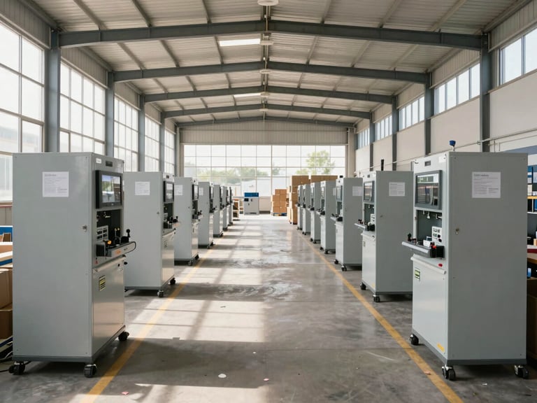 Symmetrical wide shot of an organized, modern commercial distribution center in Luanda, bright natural daylight streaming through high windows, structured rows of high-quality logistics equipment.