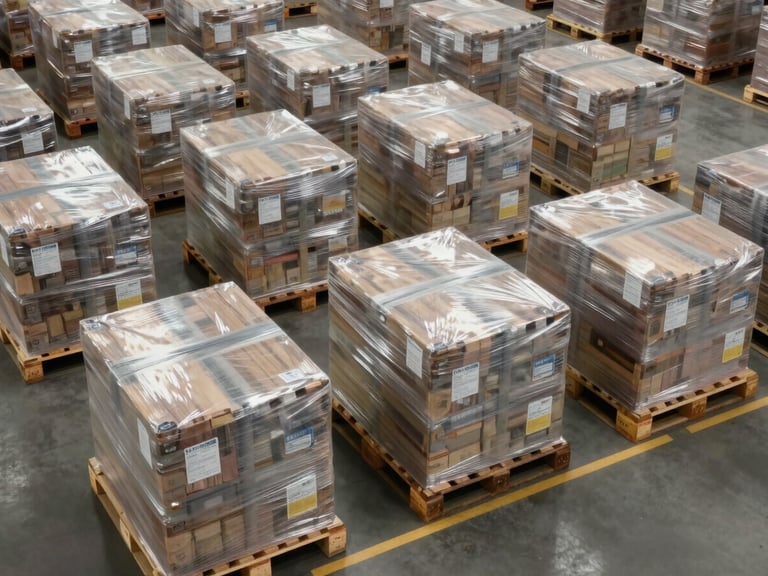 Close overhead view of a warehouse pallet staging area, uniformly stacked pallets wrapped in stretch film with inventory labels visible, practical overhead lighting, organized floor markings, active working-day atmosphere