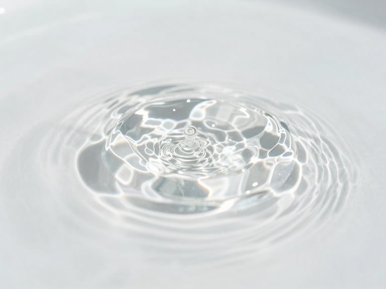 Macro scientific photograph of pristine sea water surface with crisp sunlight reflections, laboratory clean aesthetic, 35mm