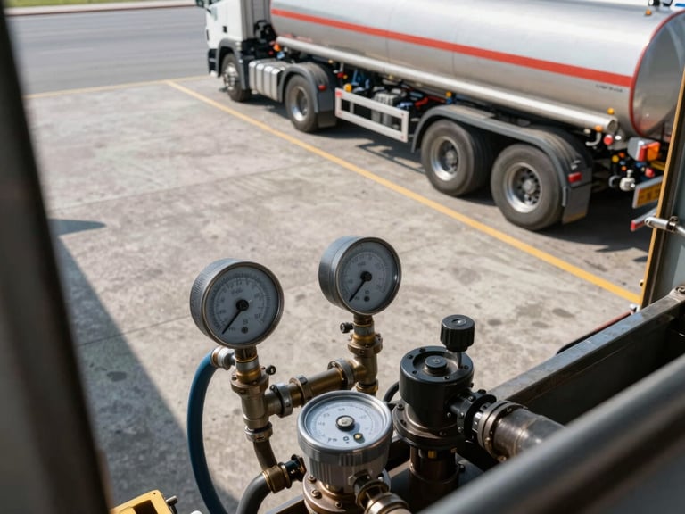 Close-up overhead view of a fuel tanker truck loading bay at an industrial terminal — hose connections and metering equipment in sharp foreground focus, hard midday daylight casting strong shadows across the concrete pad, secondary tanker visible in background mid-frame, no people