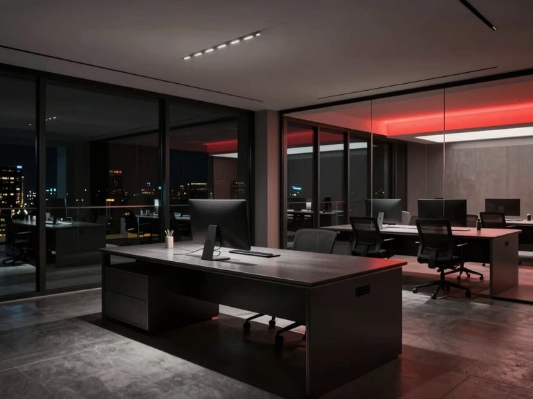 Wide atmospheric shot of a modern, dark-toned workspace at night, clean metallic textures, subtle red ambient glow reflecting off structured glass panels