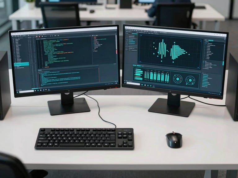 Symmetrical overhead view of a clean, high-contrast modern tech workspace in Abuja, featuring dual monitors displaying complex software code and system architecture diagrams, sharp teal lighting accents, professional corporate atmosphere