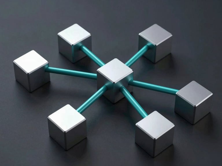 Abstract 3D geometric nodes representing data flow and system integration, sharp teal lines connecting clean metallic blocks on a dark background, crisp studio lighting