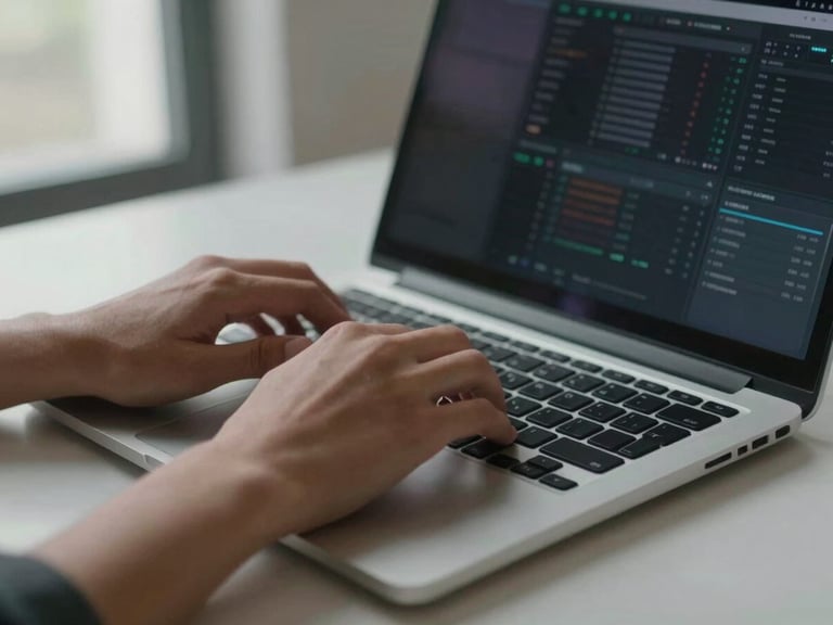 Close-up of hands typing on a laptop keyboard in a minimal workspace, cool daylight from a left window, ad dashboard metrics faintly visible on screen in the background, neutral desk surface