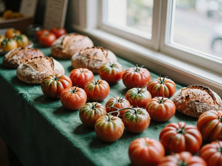 Overhead flat-lay of a bustling modern food market table, colorful heirloom tomatoes, artisanal bread loaves, natural window light, rich forest green accents, 35mm