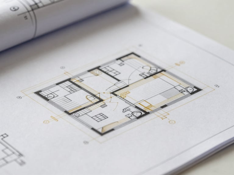 Extreme close-up of a high-end architectural blueprint overlaid with golden technical drafting lines, clean minimalist background, soft natural side lighting.