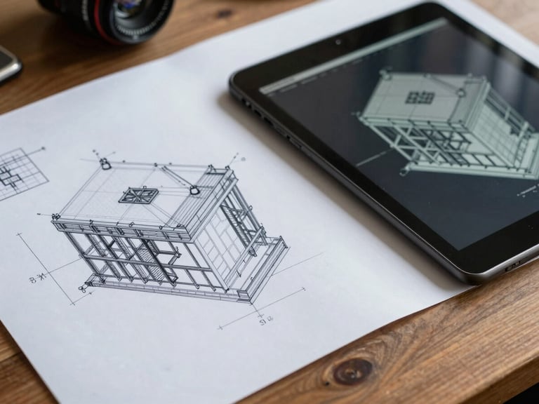 A close-up of a technical structural blueprint on a wooden desk, overlaid with a digital tablet showing a 3D structural model, sharp side lighting
