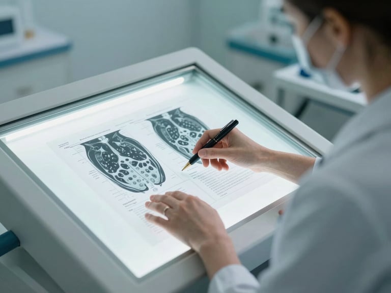 Side view of Evangelia analyzing medical schematics at a light table, cool natural daylight, sharp focus, clinical slate and teal tones, 35mm lens.