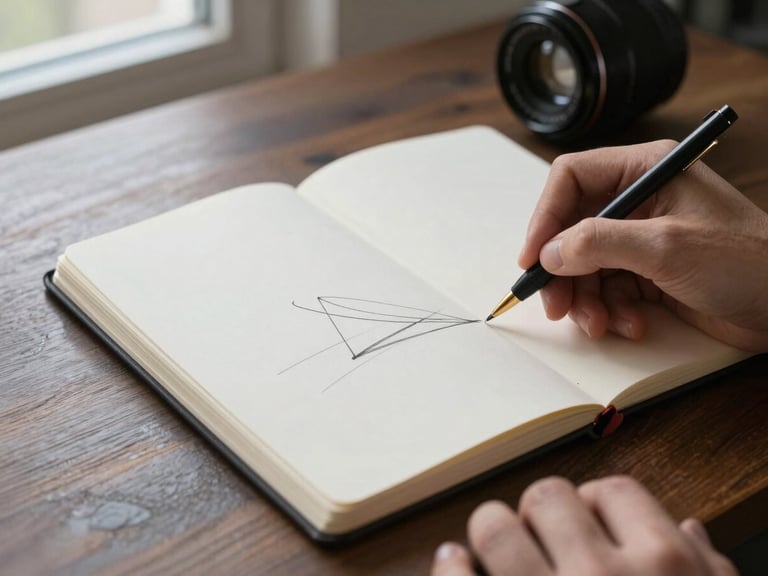 Medium close-up of hands sketching a clean diagram in a high-quality textured paper notebook on a dark oak table, soft side lighting from a window.