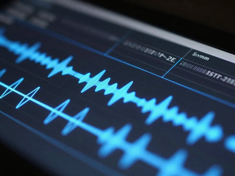 Macro close-up of a video editing timeline with audio waves and electric blue marker lines, high-contrast dark-mode studio lighting.