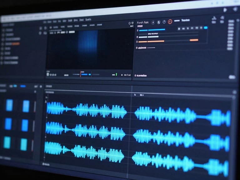 Cinematic screenshot of a high-end video editing software interface, showing multi-track color grading, audio waveforms, and neon blue accents on a dark screen.