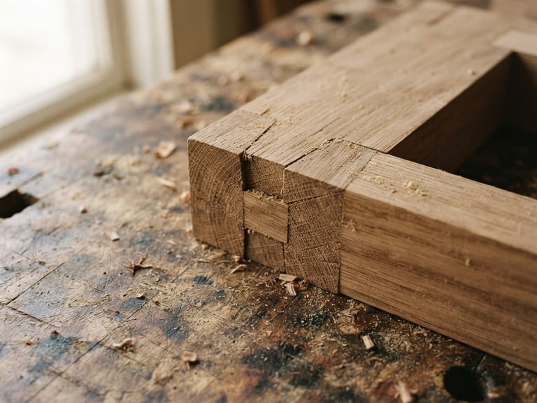 Close-up of hand-cut white oak joinery on a workshop workbench, natural side daylight, sawdust texture, medium format film