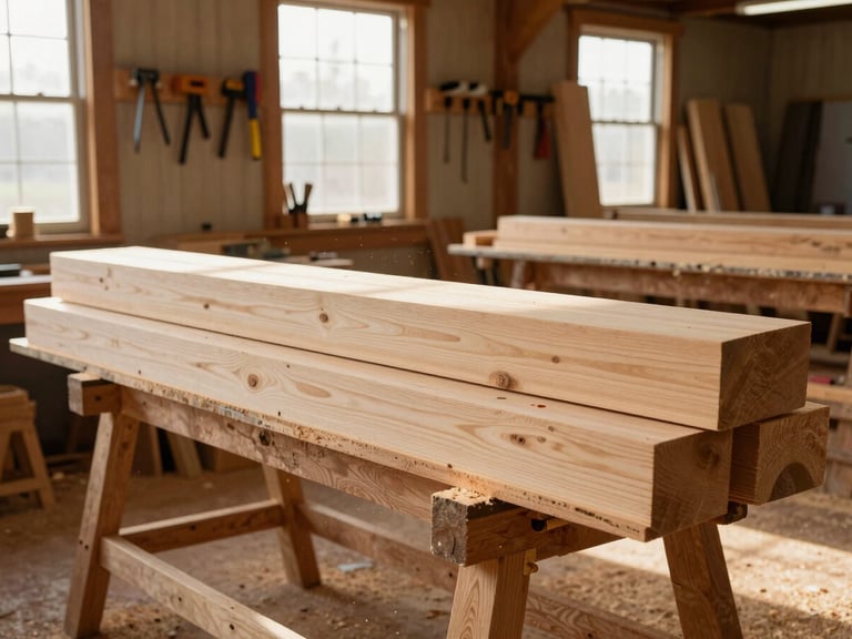 Garrison and Sons active timber carpentry workshop, heavy white oak beams stacked on sawhorses, hand tools hanging on a wooden wall, golden hour sunlight filtering through high windows, sawdust in the air
