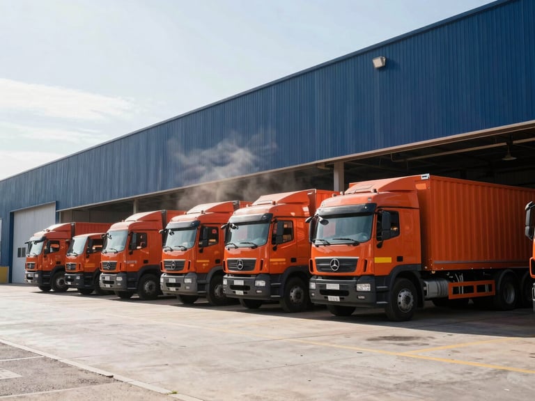 Wide environmental shot of a modern industrial warehouse in Tete, heavy transport trucks parked at the loading dock under intense midday sun, dust motes visible in the air.
