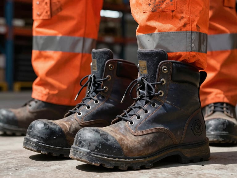 Detailed macro shot of heavy-duty safety boots and orange high-visibility PPE stacked inside a clean, well-lit industrial warehouse in Tete, hard high-contrast lighting.