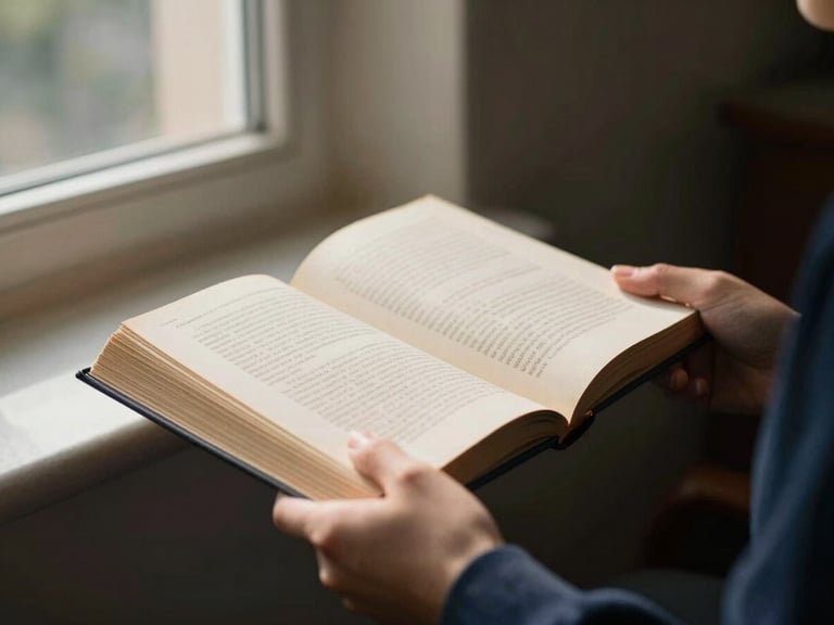 Hands holding an old open academic book under soft warm window light, 35mm photography, shallow depth of field