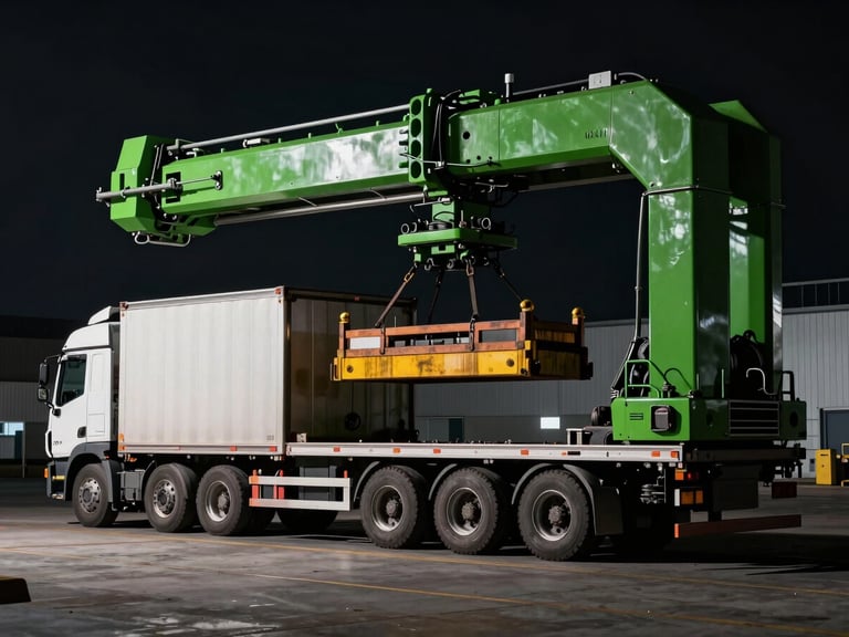 Wide shot of a logistics dock with heavy machinery being loaded onto a truck, high-contrast lighting, deep forest green accents.